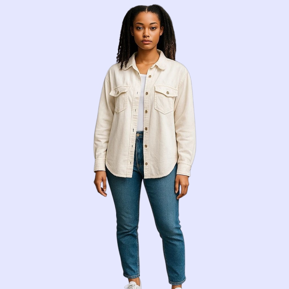 Vintage Gitano White Cotton Jacket Blouse Frayed Neck Pockets Sz M